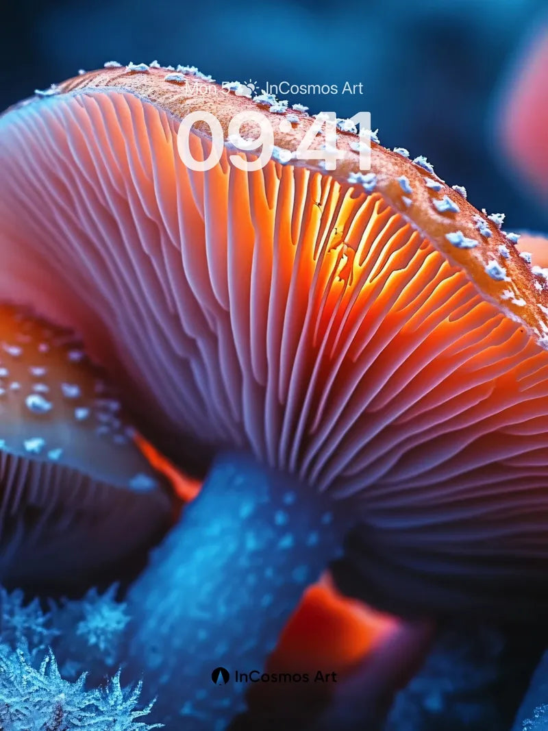 Frost-Laced Fungi Wallpaper with Bioluminescent Veins