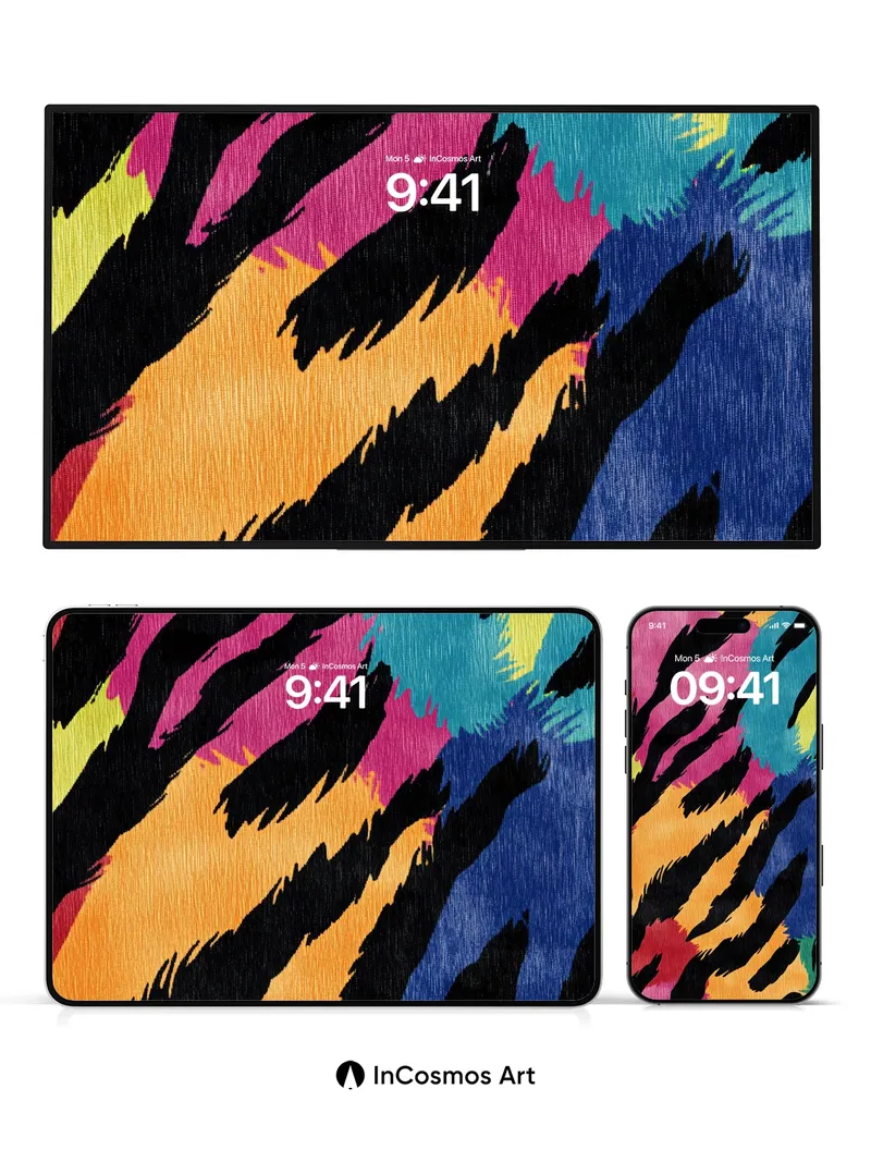 Electric Zebra Wallpaper with Rainbow Stripes