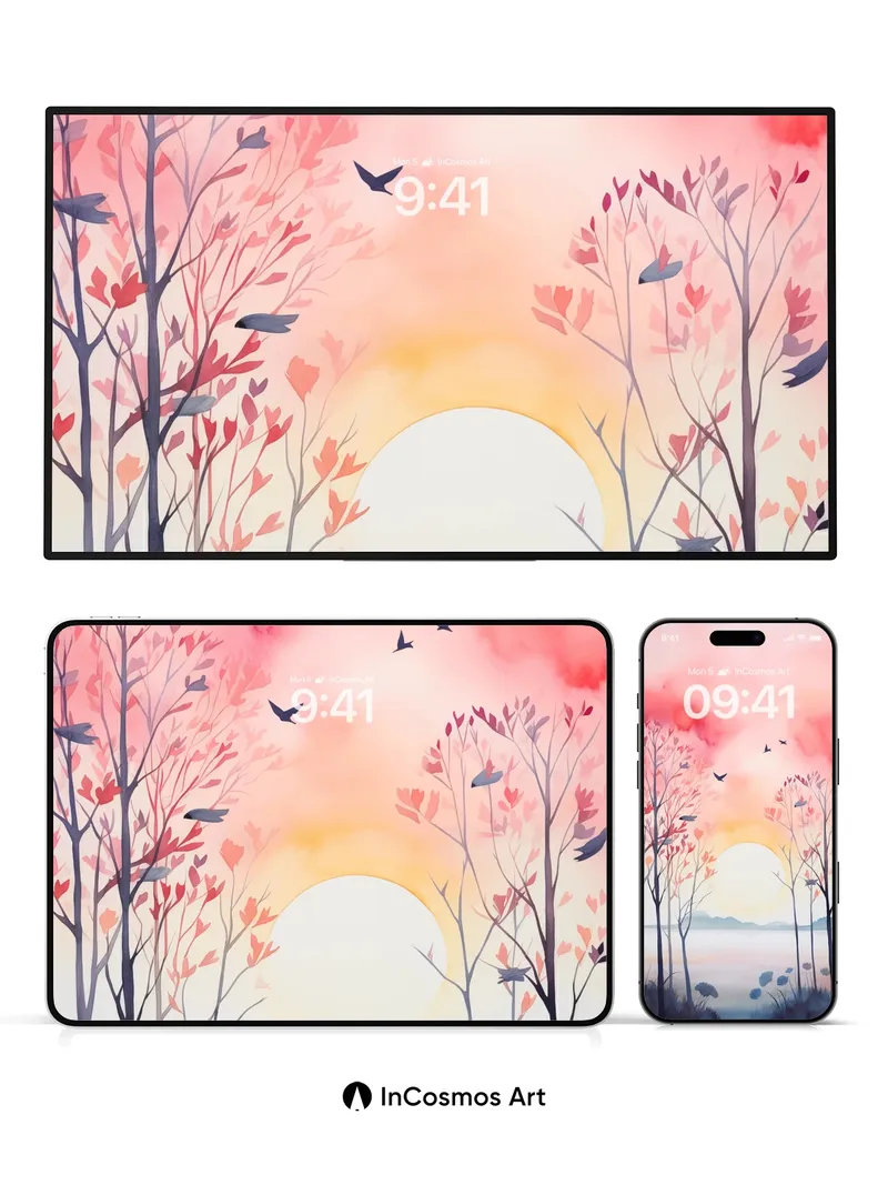 Crimson Hush Wallpaper with Floating Leaves