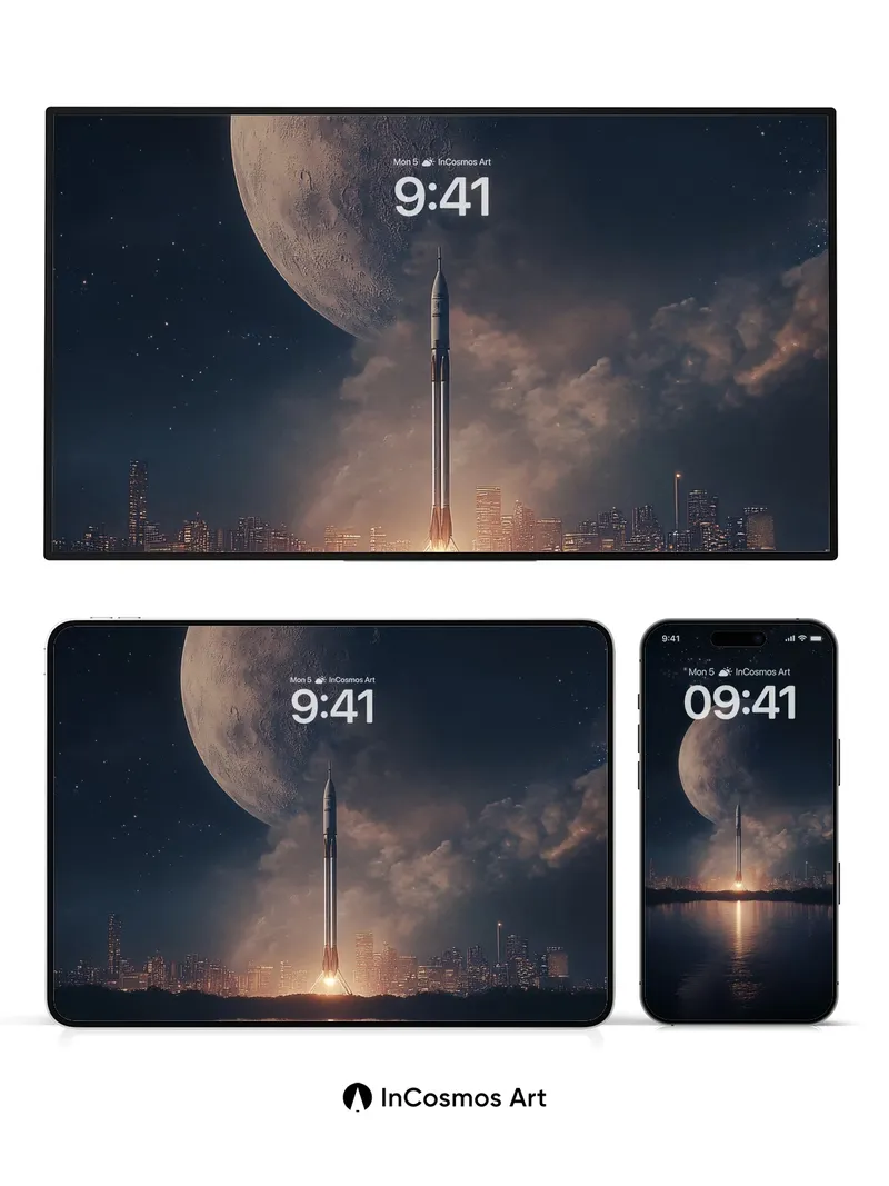 Lunar Launch Wallpaper with City Reflection