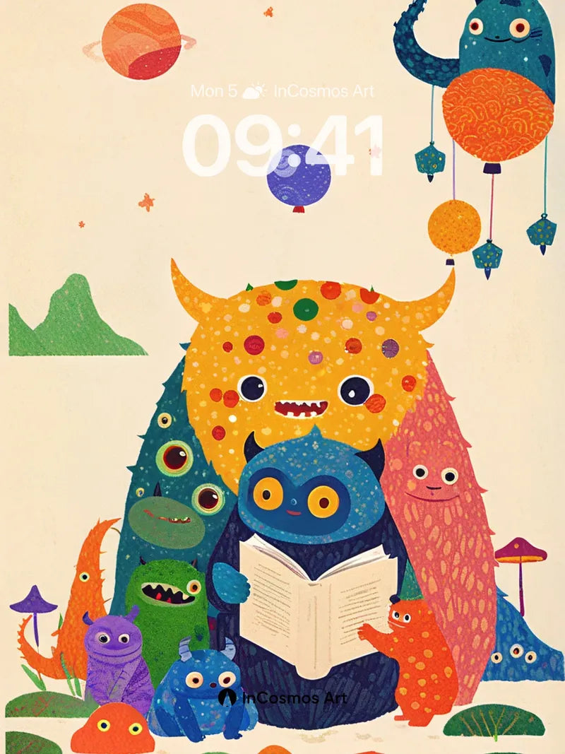 Whimsical Monster Gathering Wallpaper with Celestial Balloons wallpaper for iPhone, iPad & Mac