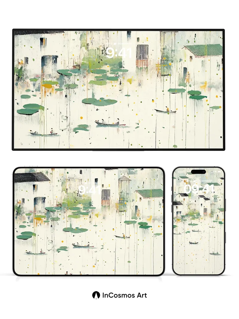 Serene Water Village Wallpaper with Floating Light