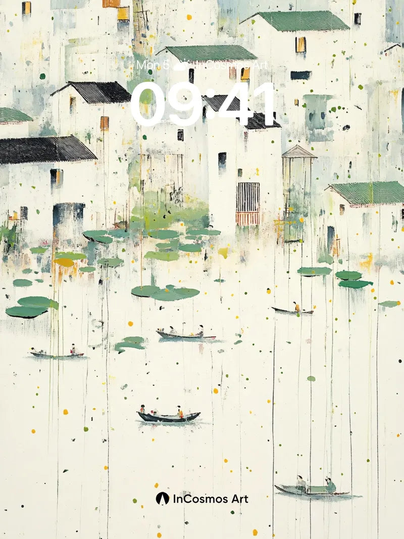 Serene Water Village Wallpaper with Floating Light