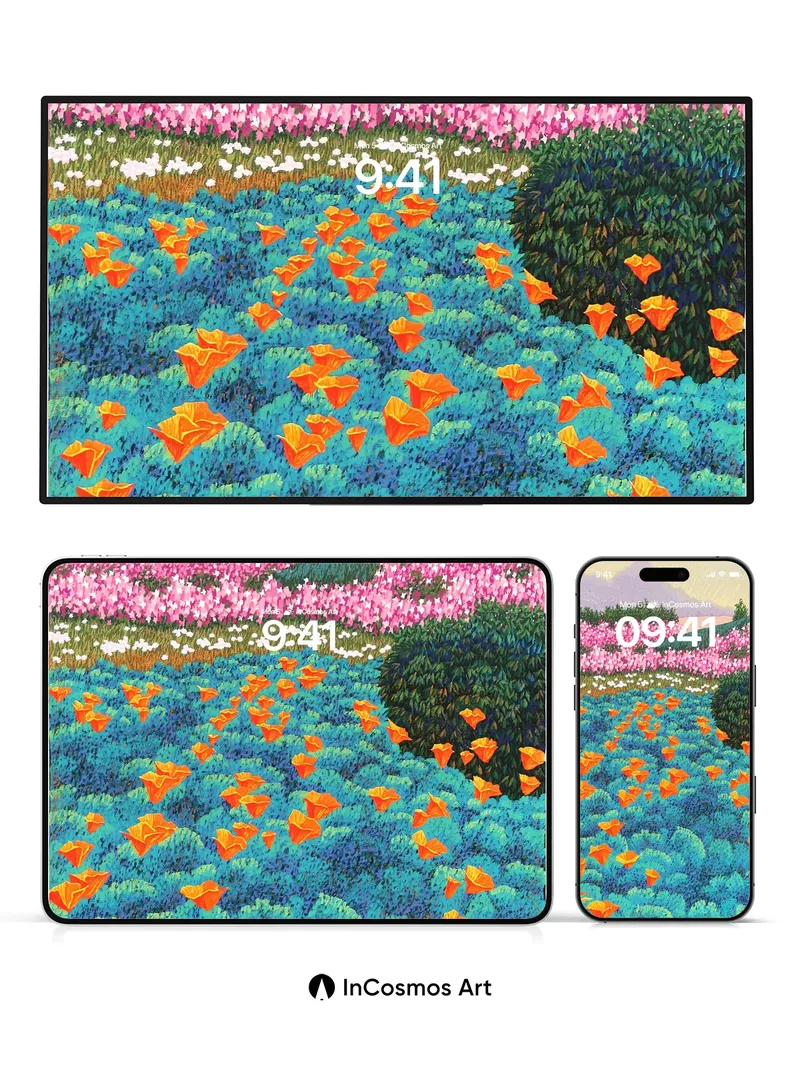 Crimson Bloom Wallpaper with Rolling Fields