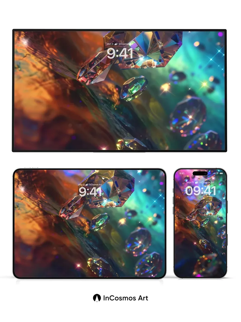 Prismatic Drift Wallpaper with Floating Crystals