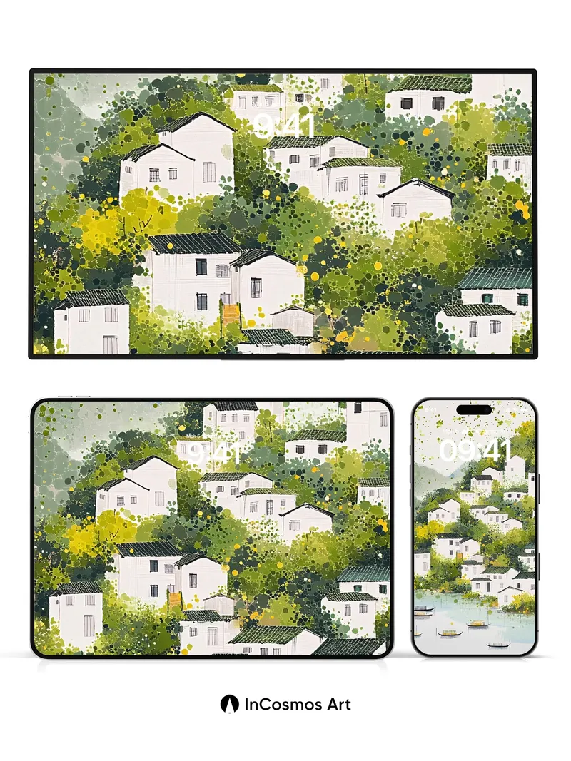 Serene Village Wallpaper with Floating Light Dots