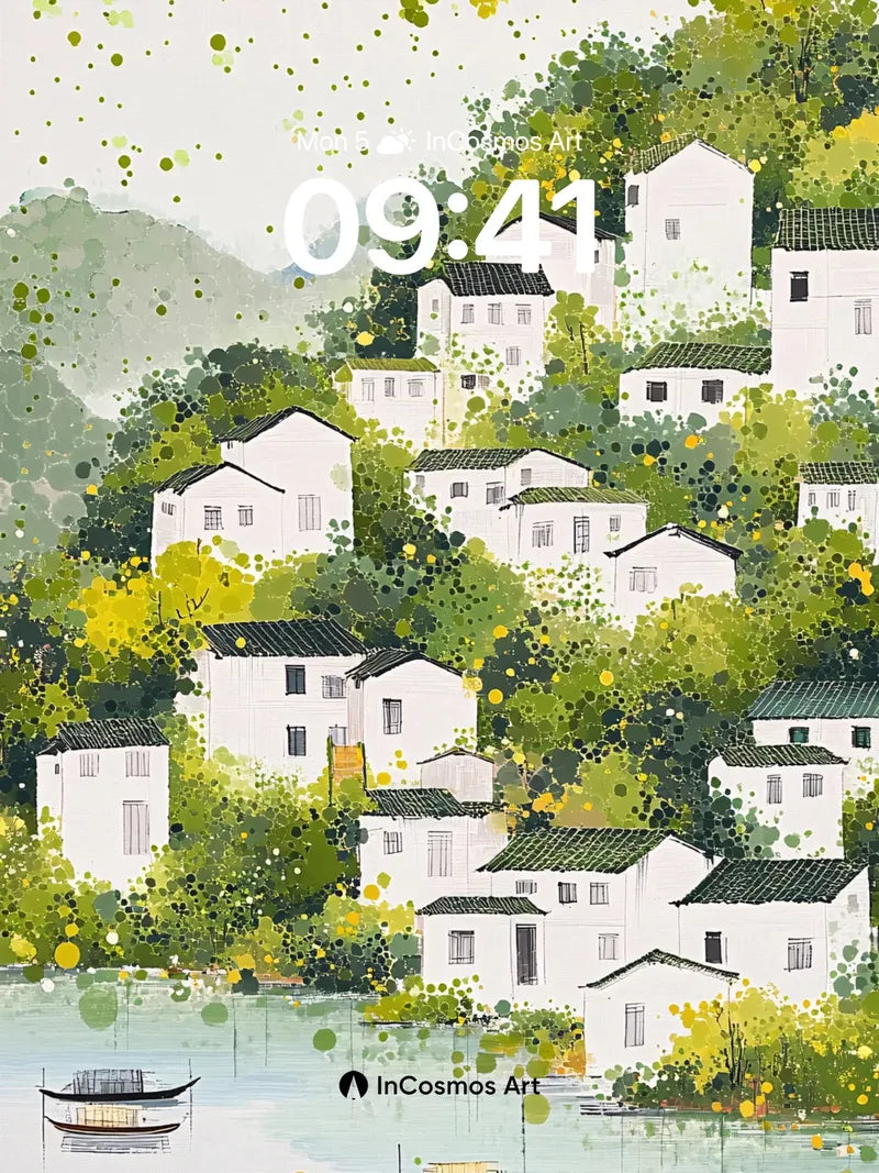 Serene Village Wallpaper with Floating Light Dots