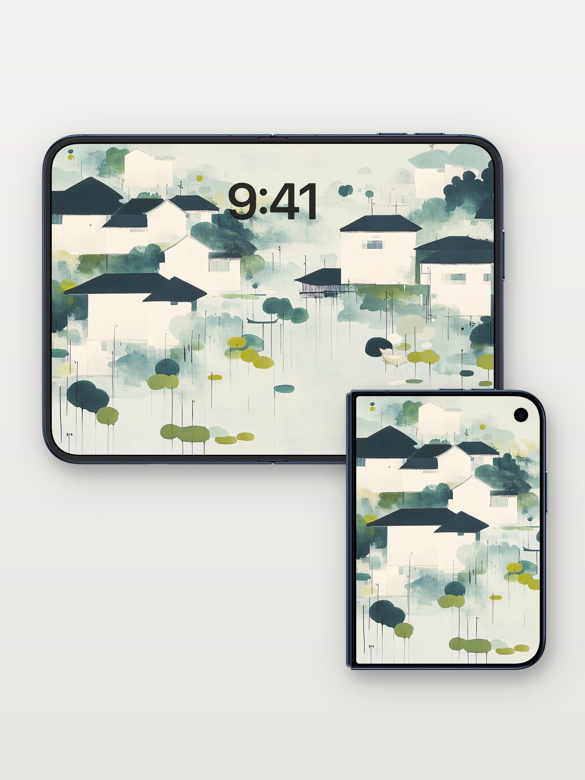 Misty Village Wallpaper with Floating Reeds on iPhone Duo, open and closed