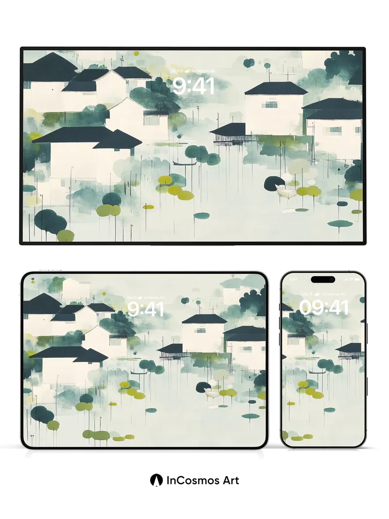 Misty Village Wallpaper with Floating Reeds