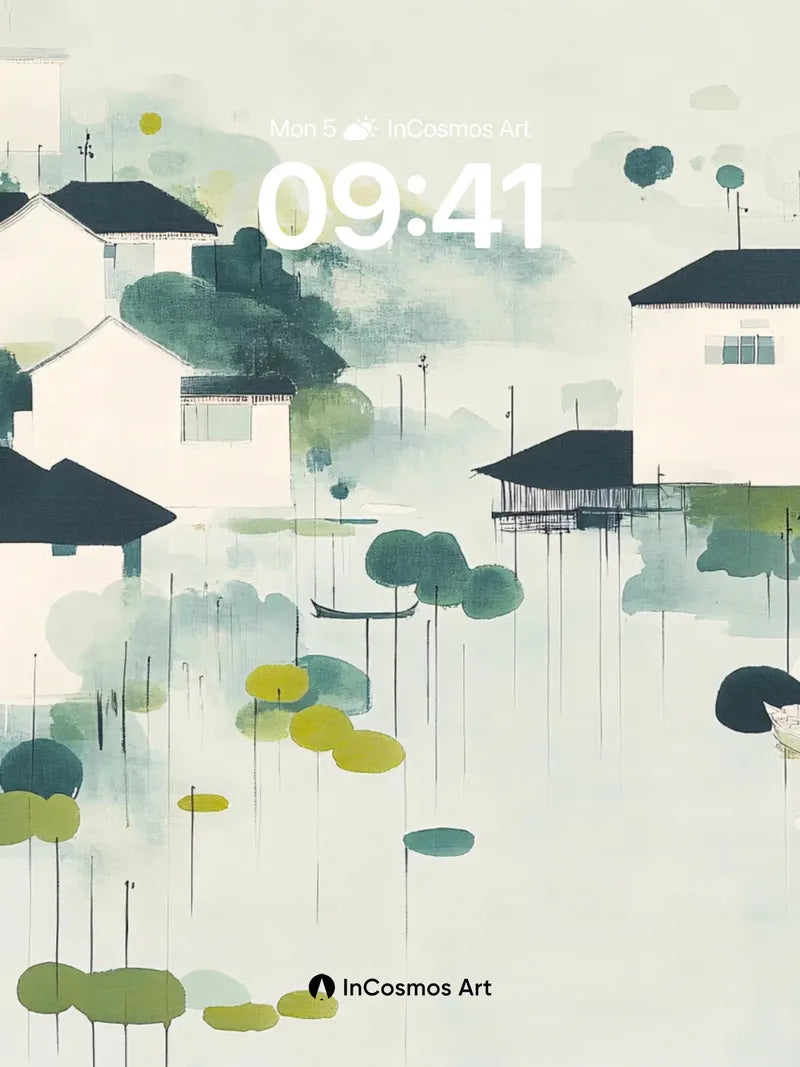 Misty Village Wallpaper with Floating Reeds