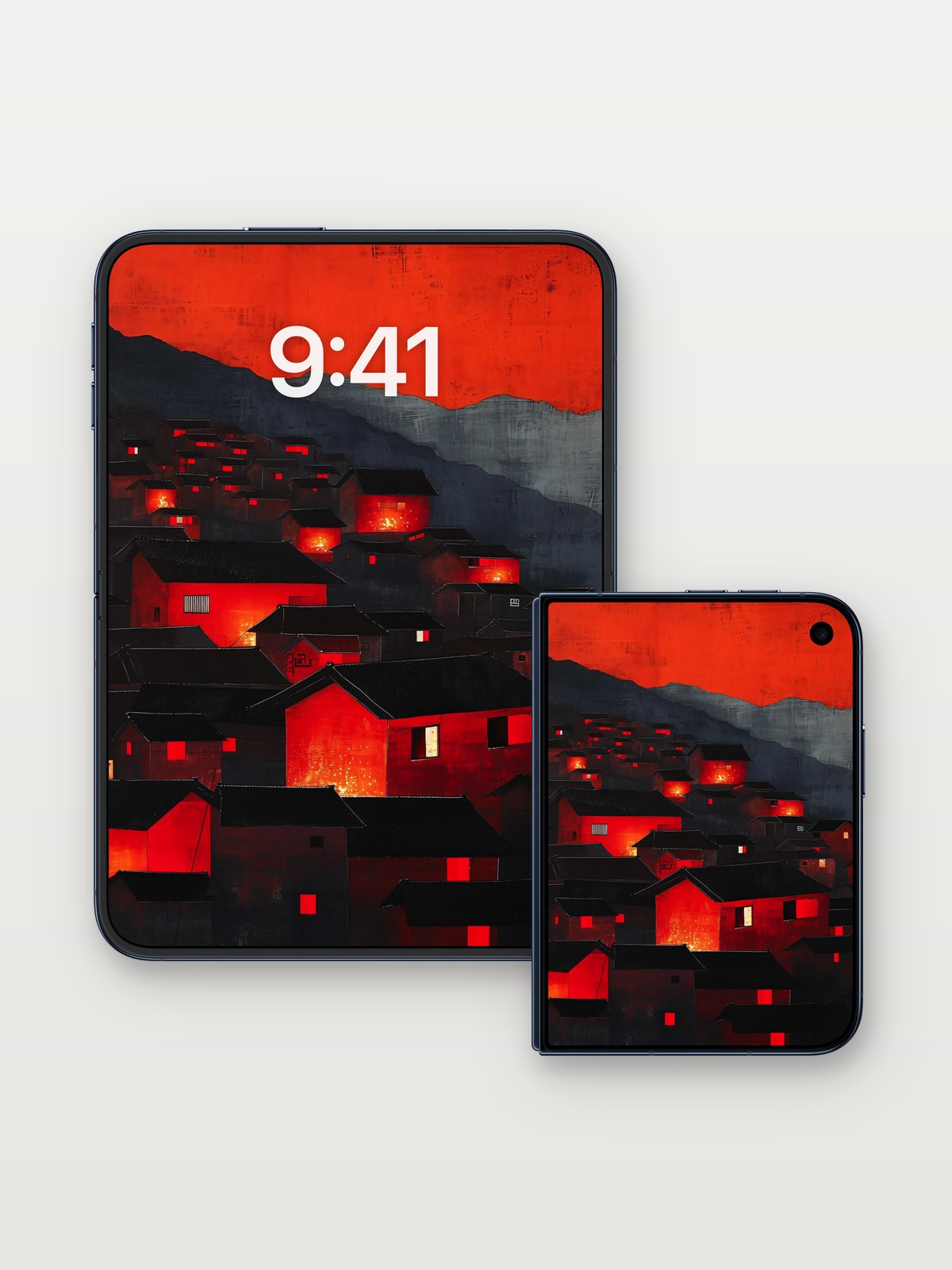 Crimson Village Wallpaper with Burning Windows on iPhone Duo, open and closed