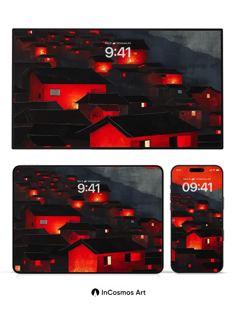 Crimson Village Wallpaper with Burning Windows