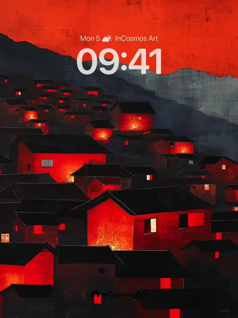Crimson Village Wallpaper with Burning Windows