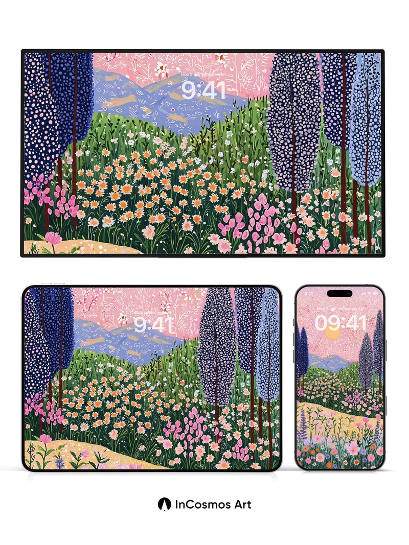 Whispering Meadow Wallpaper with Starlit Cypress