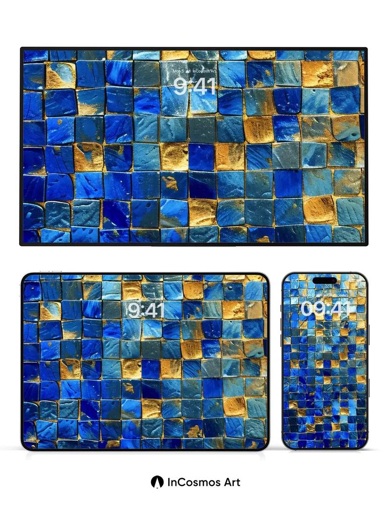 Oceanic Mosaic Wallpaper with Golden Veins