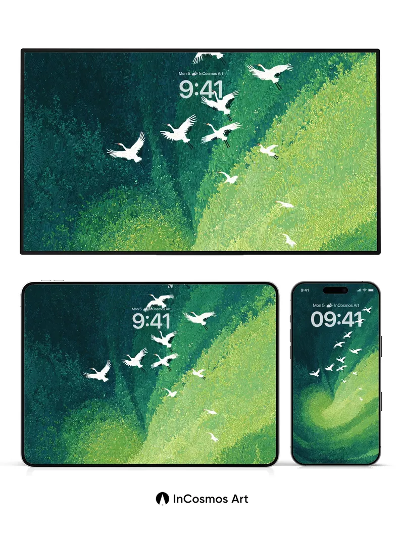 Whispering Crane Wallpaper with Emerald Vortex