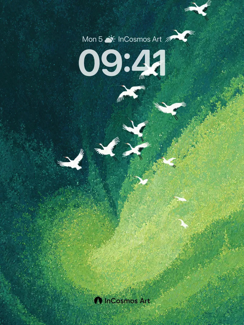 Whispering Crane Wallpaper with Emerald Vortex