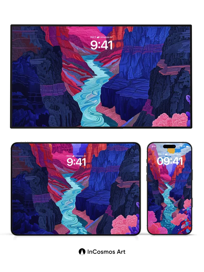 Surreal Canyon Wallpaper with Cosmic River Flow