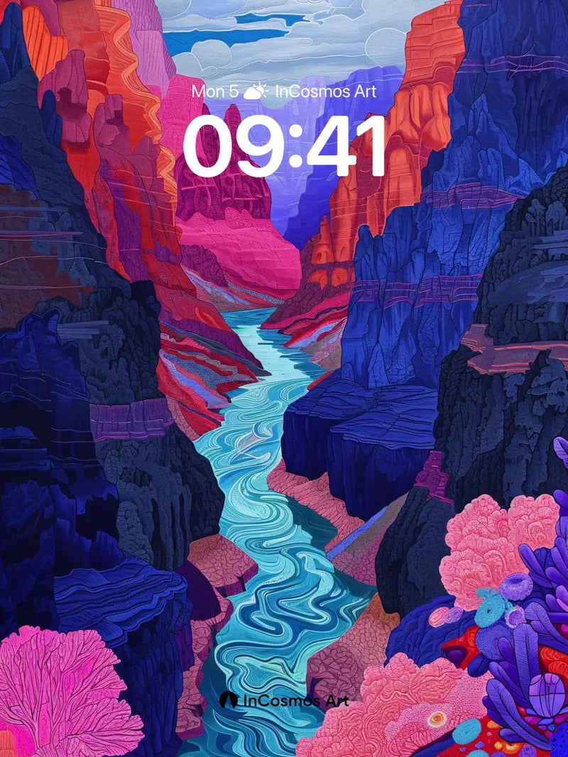 Surreal Canyon Wallpaper with Cosmic River Flow