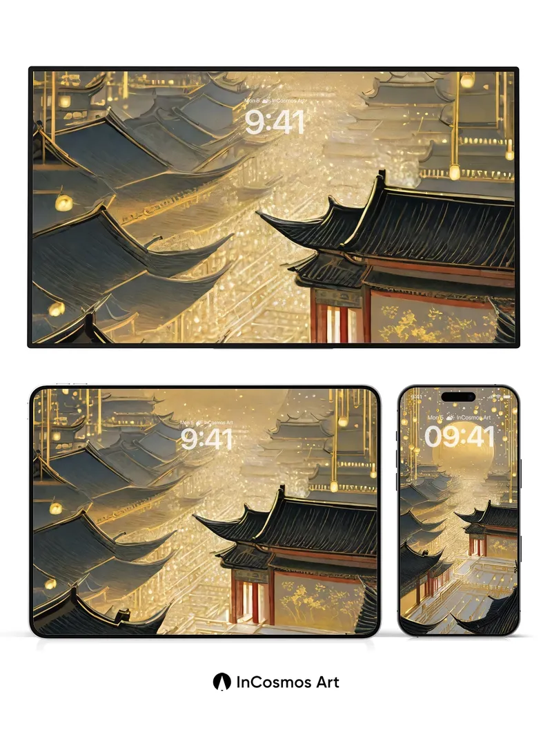 Golden Moonlight Wallpaper with Hanging Lanterns