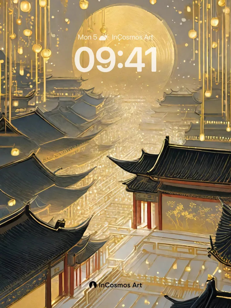 Golden Moonlight Wallpaper with Hanging Lanterns