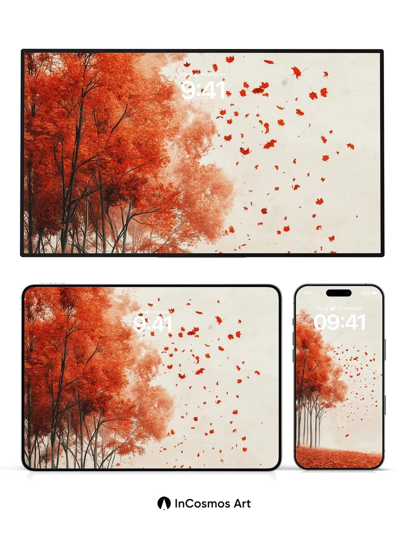 Autumn Whispers Wallpaper with Floating Leaves