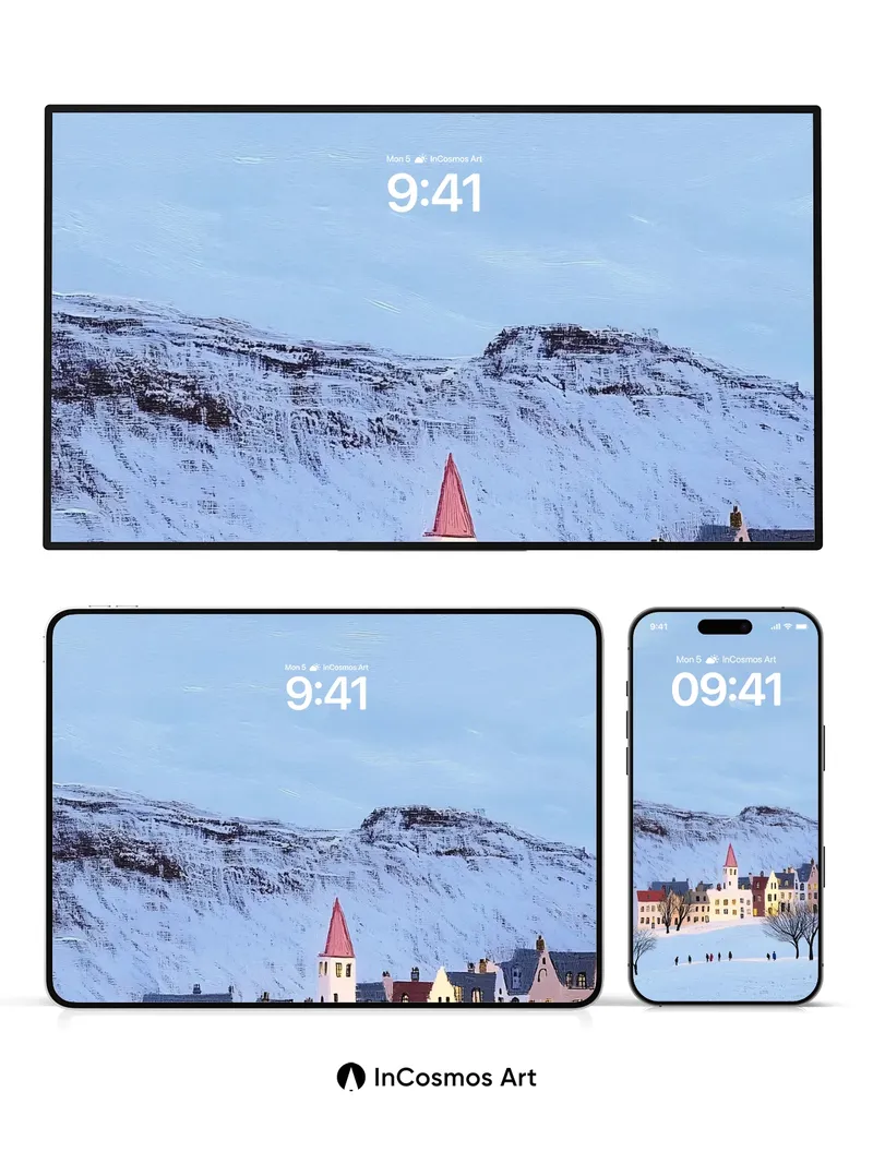 Frost-Lit Village Wallpaper with Snow-Crowned Peaks