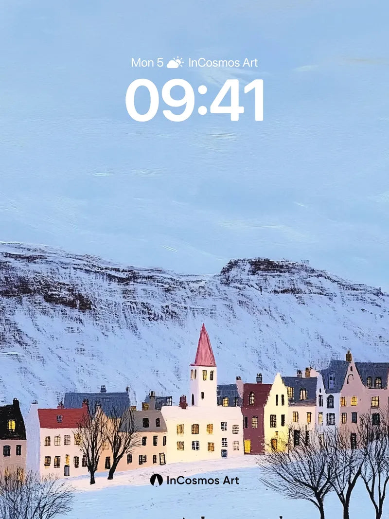 Frost-Lit Village Wallpaper with Snow-Crowned Peaks