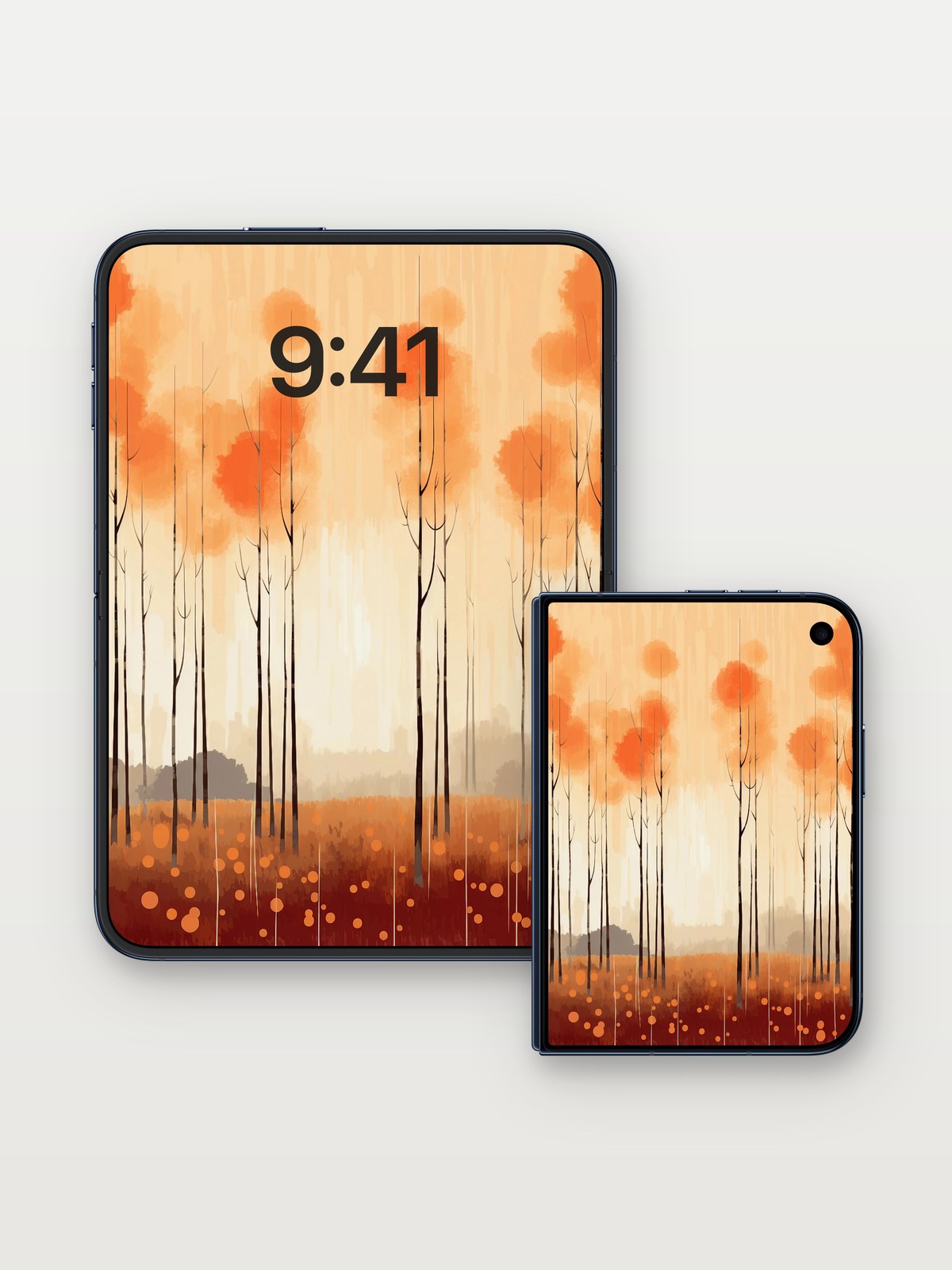 Autumn Hush Wallpaper with Floating Canopy on iPhone Duo, open and closed