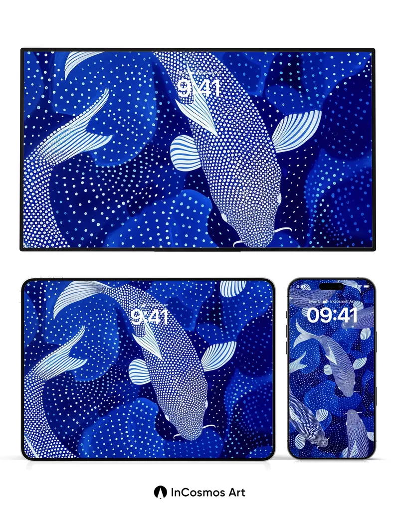 Indigo Current Wallpaper with Koi Patterns