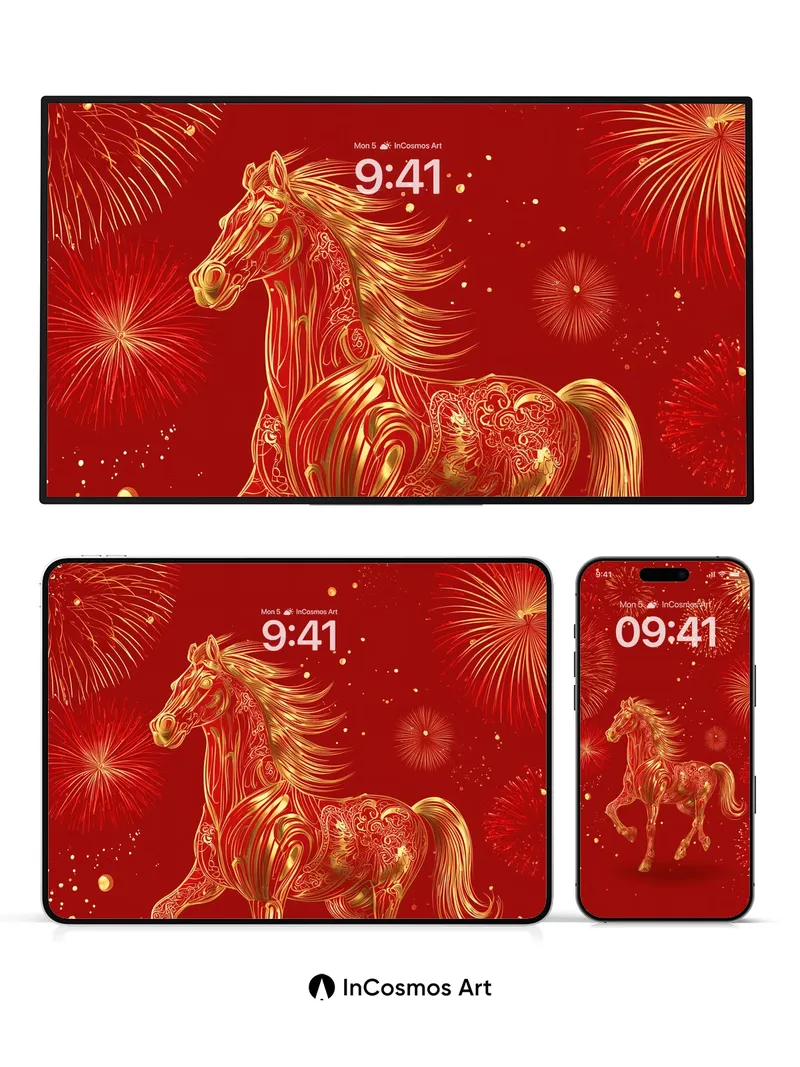 Golden Firework Horse Wallpaper with Lunar Radiance
