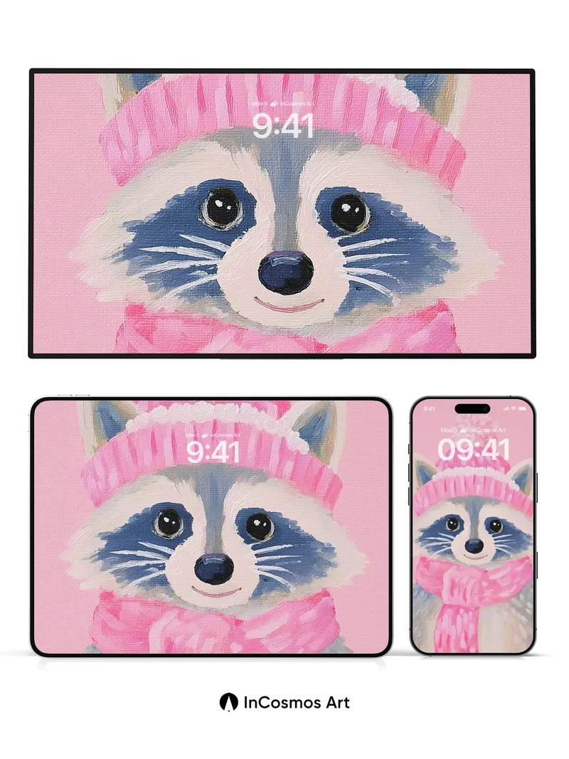 Whimsical Raccoon Wallpaper with Knit Warmth