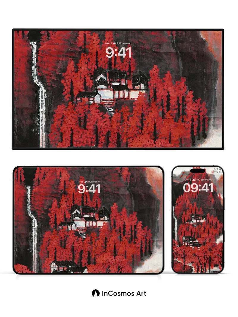 Crimson Mountain Wallpaper with Hidden Temples