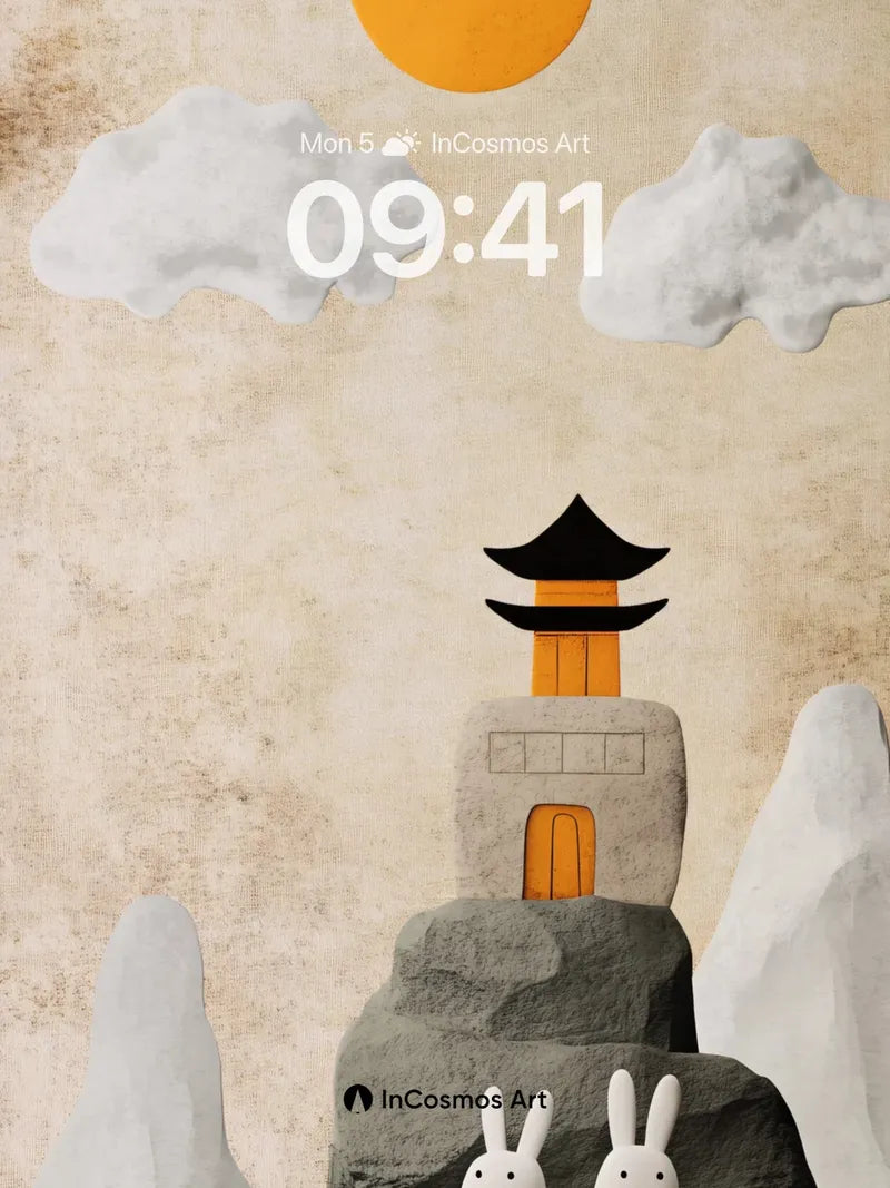 Serene Stone Pagoda Wallpaper with Moon Rabbits