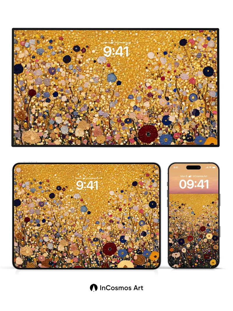 Golden Field Wallpaper with Cosmic Blooms
