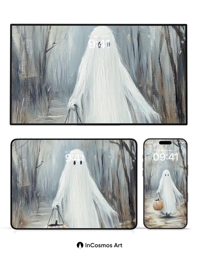 Whispering Ghost Wallpaper with Pumpkin Lantern