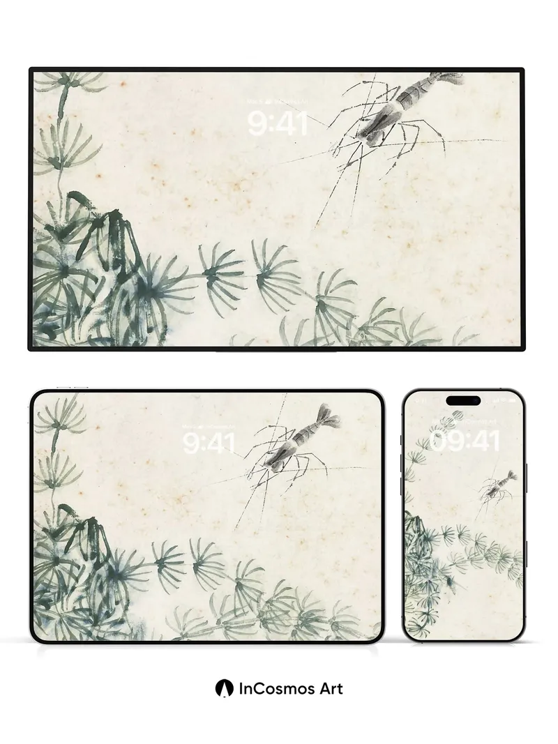 Serenity Shrimp Wallpaper with Ink-Brush Flow