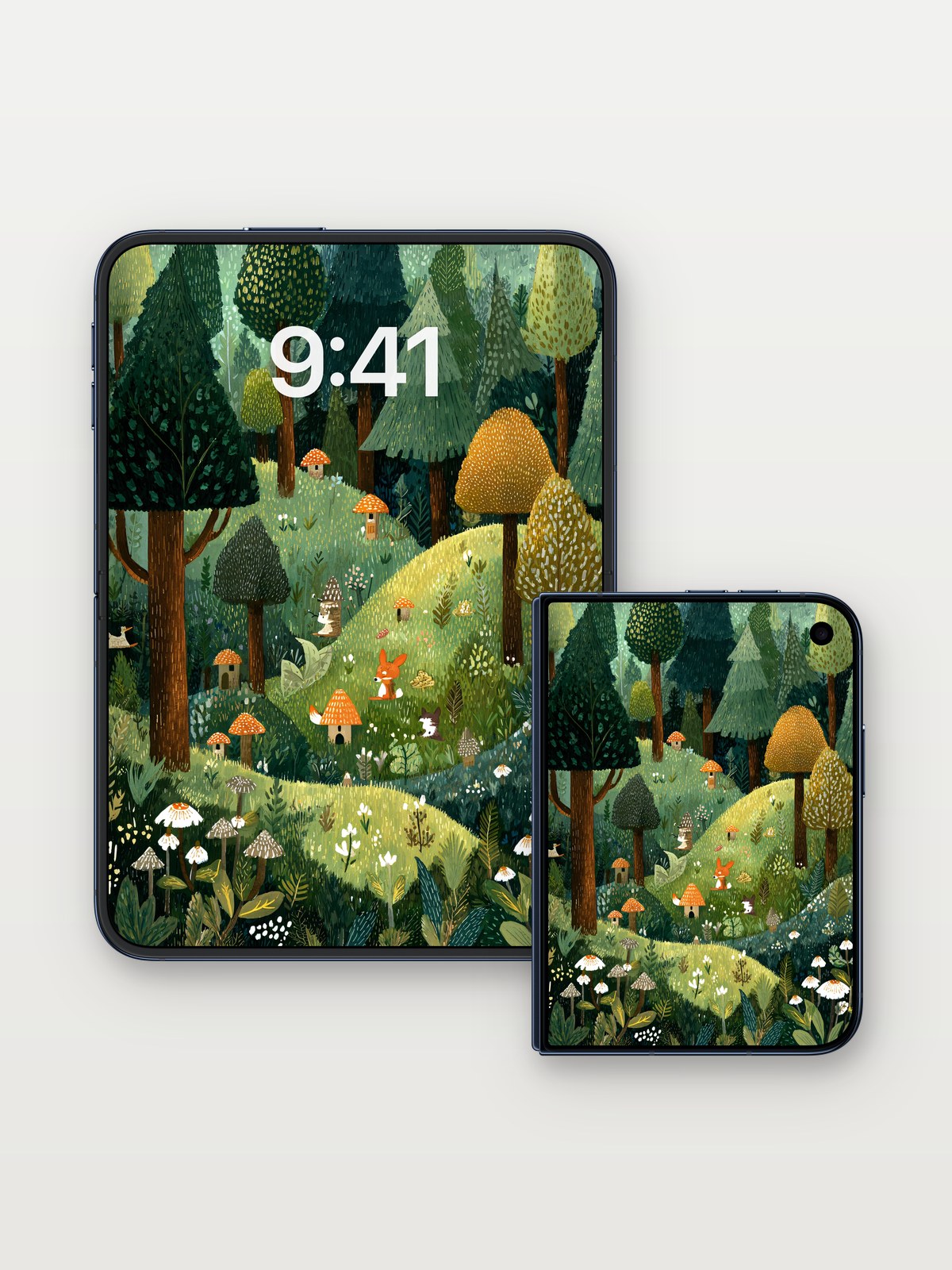 Whimsical Forest Wallpaper with Enchanted Mushrooms on iPhone Duo, open and closed