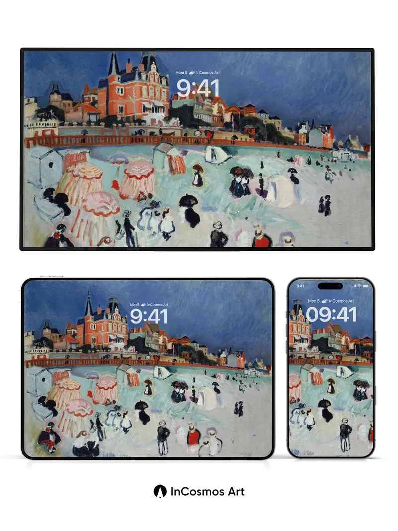 Whimsical Seaside Wallpaper with Stylized Figures