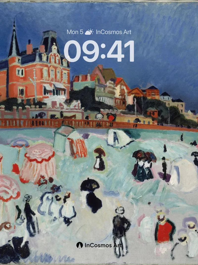 Whimsical Seaside Wallpaper with Stylized Figures