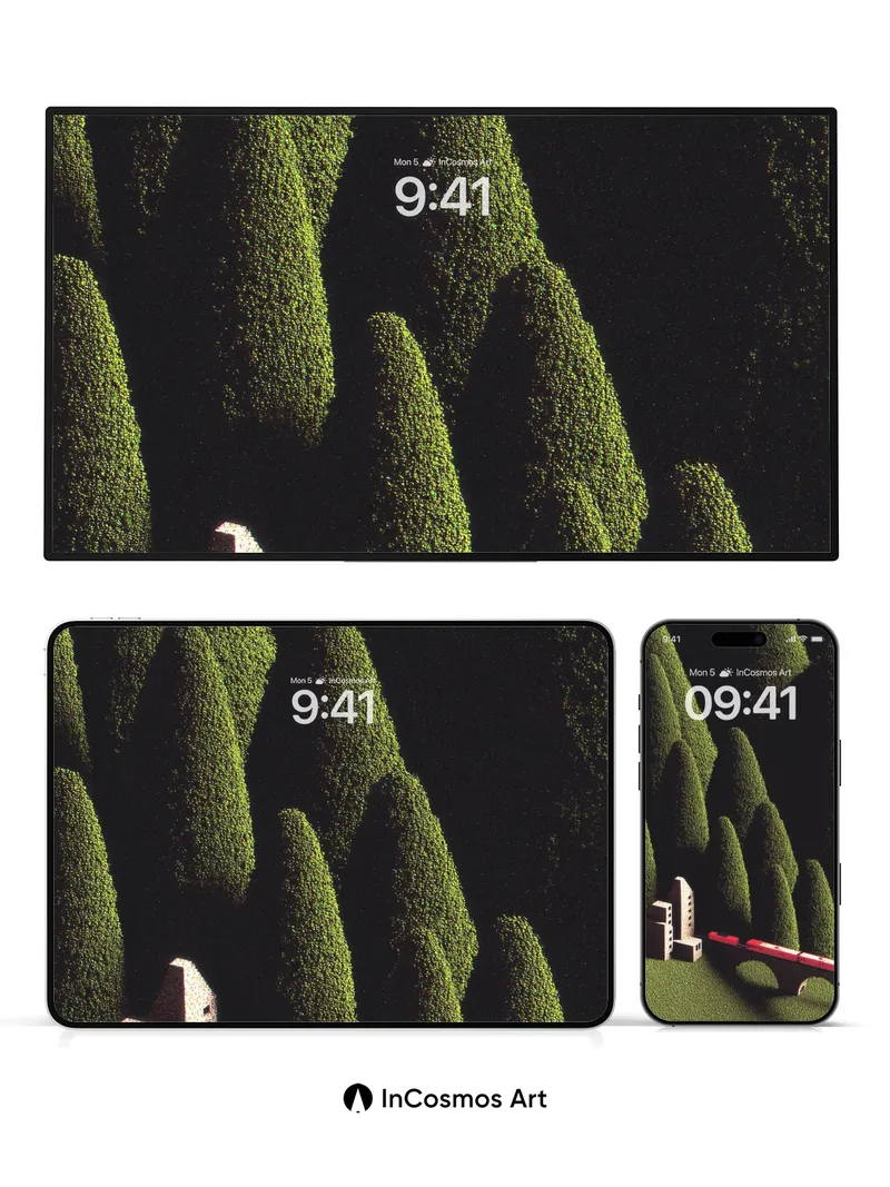 Whispering Green Wallpaper with Miniature Train Bridge