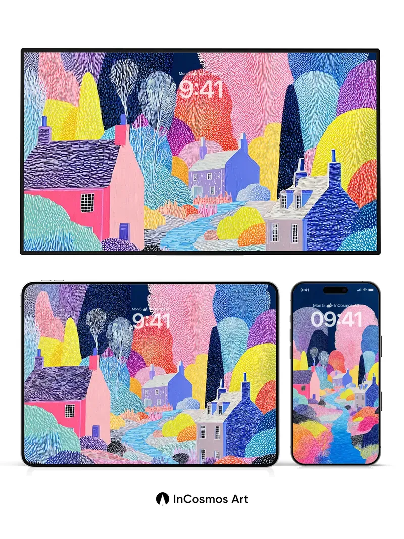 Stitched Night Village Wallpaper in Neon Hues