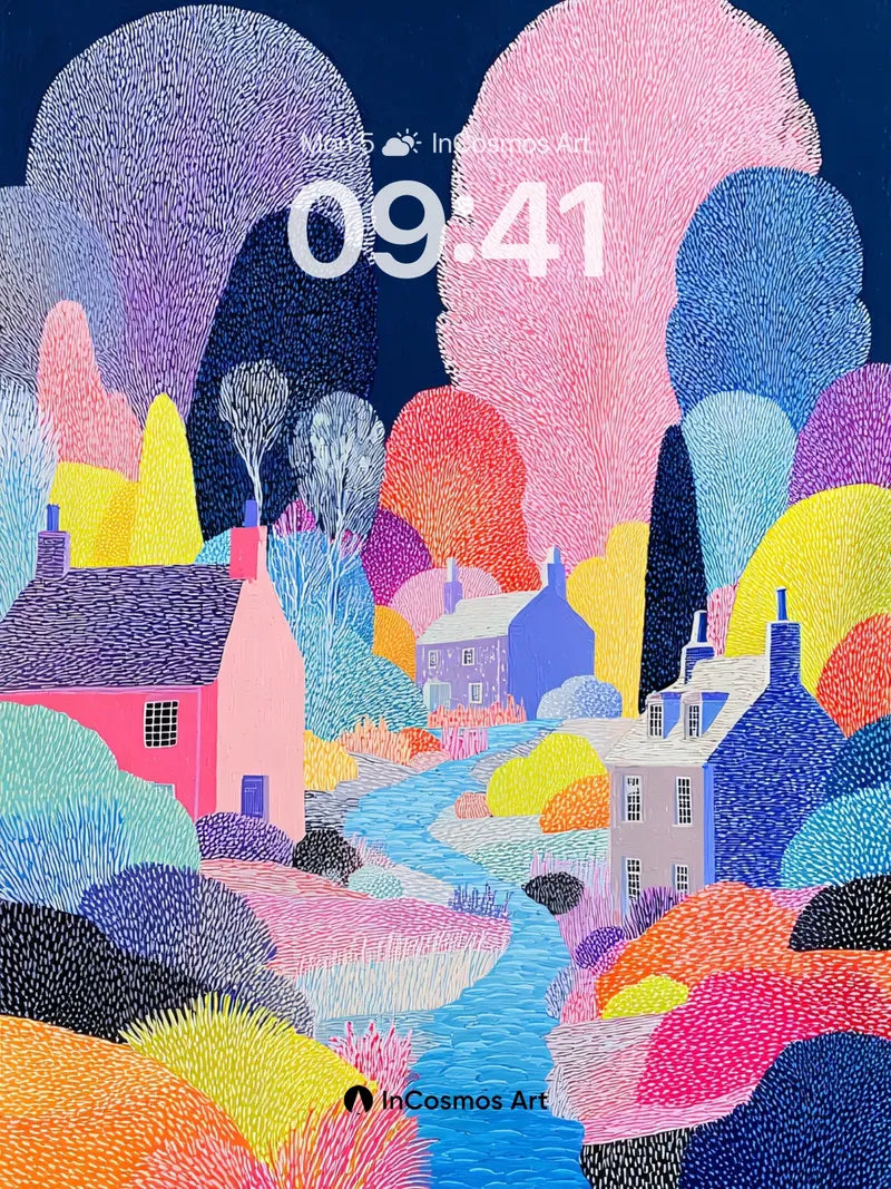 Stitched Night Village Wallpaper in Neon Hues