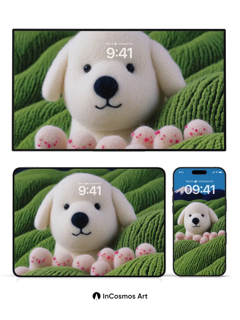 Soft Hush Wallpaper with Knit Hills and Pup
