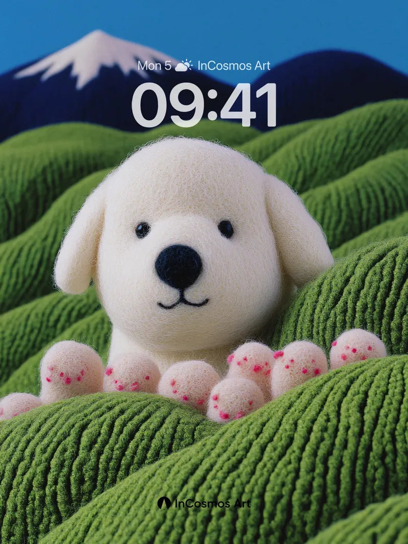 Soft Hush Wallpaper with Knit Hills and Pup