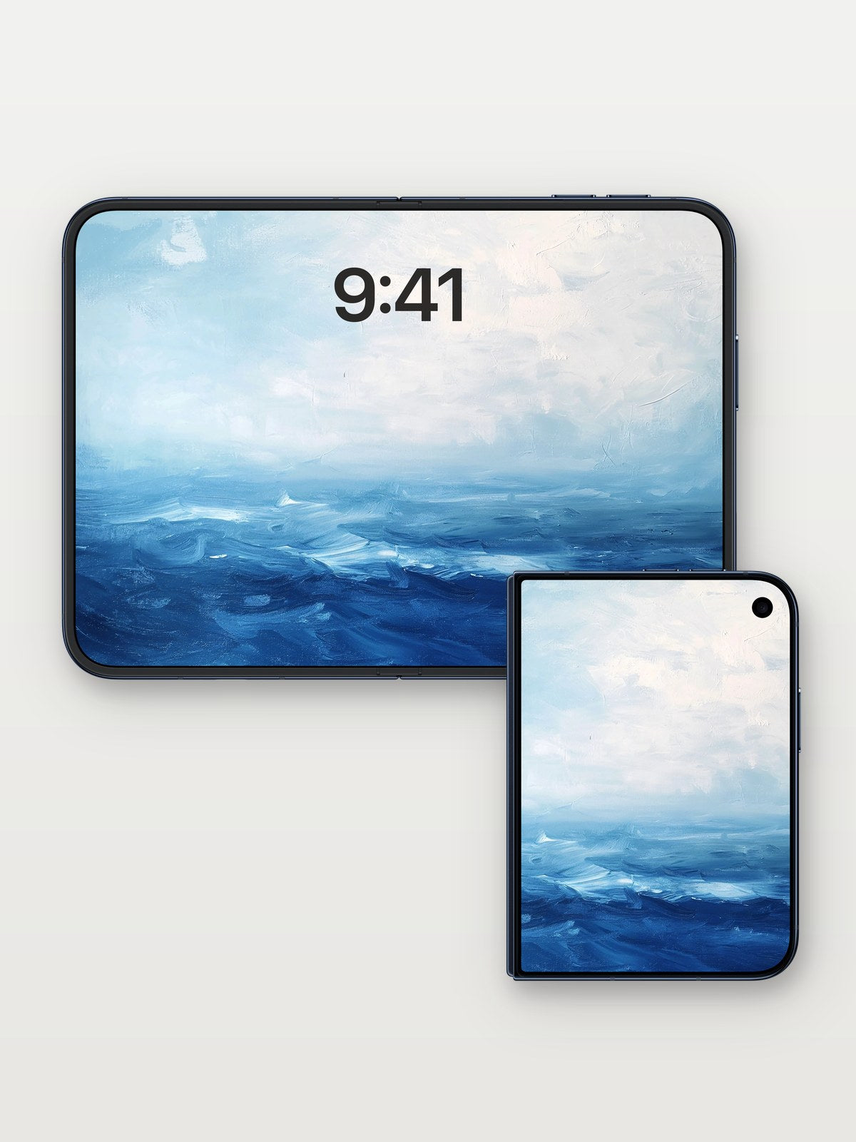 Serenity Ocean Wallpaper with Misty Horizon on iPhone Duo, open and closed