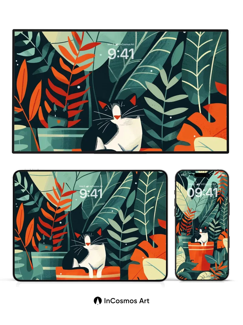 Whispering Jungle Wallpaper with Cat in Pot