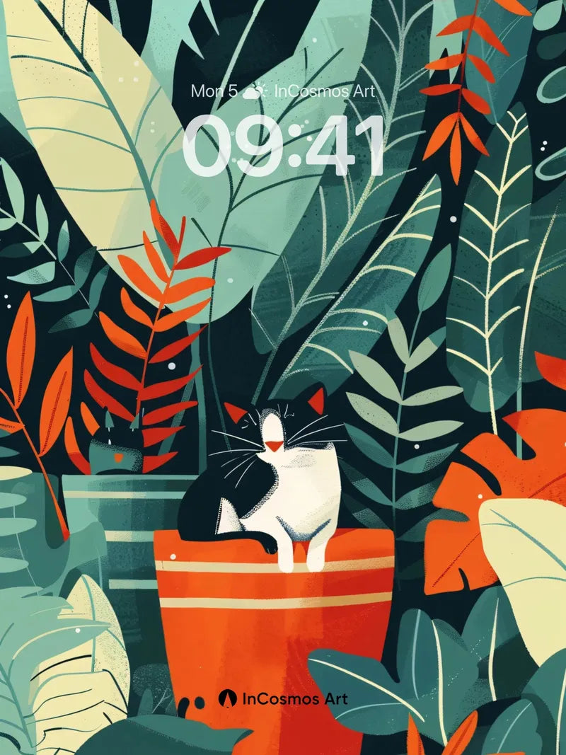 Whispering Jungle Wallpaper with Cat in Pot