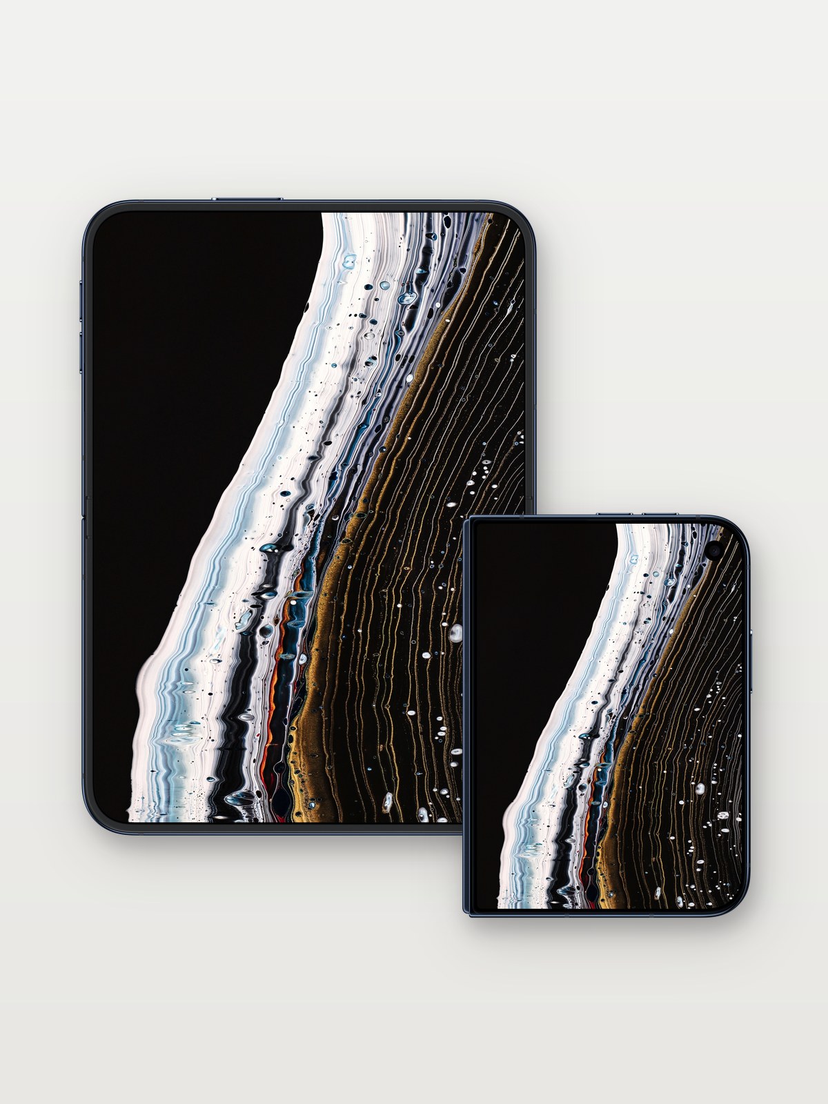 Luminous Agate Wallpaper with Cosmic Veins on iPhone Duo, open and closed