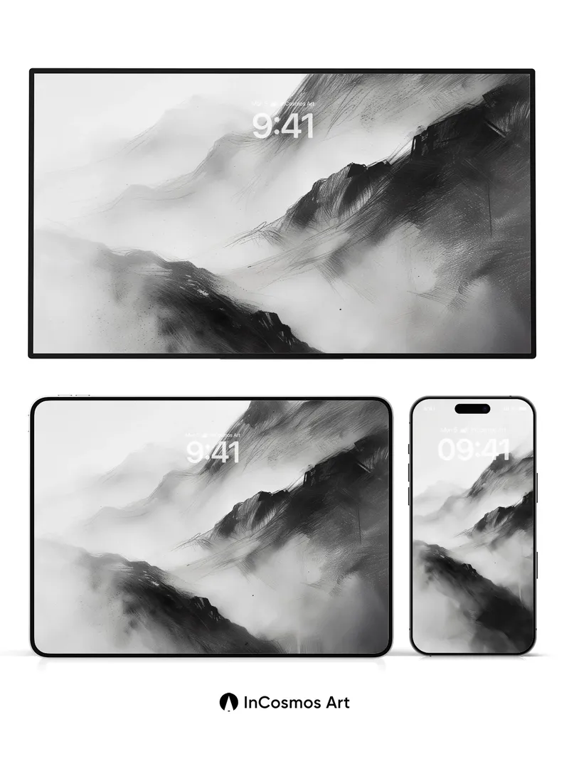 Mist-Wrapped Peaks Wallpaper in Monochrome Hush